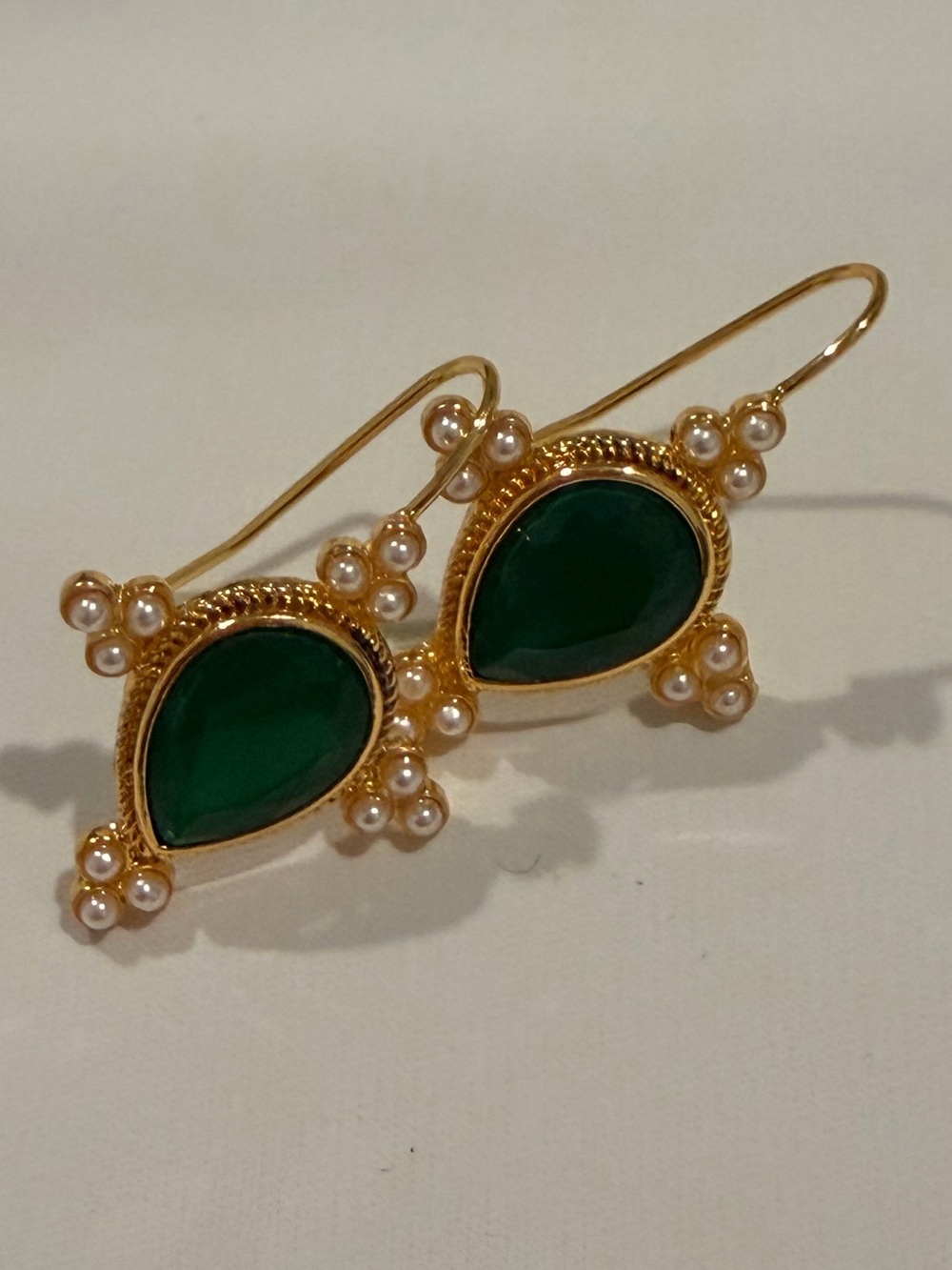 Gold-Tone Green Teardrop Earrings with Pearl Clusters